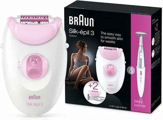 Braun Silk-épil 3 - SE3-321 Legs, arms & body: epilator (20 pincetten) met massagerollers + bikini trimmer - kleur: wit + roze Braun Silk-épil 3 - SE3-321 Legs, Arms & Body: Epilator (20 Pincetten) Met Massagerollers + Bikini Trimmer - Kleur: Wit + Roze -Philips winkel
