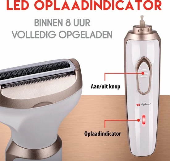 Alpina Ladyshave - Scheerapparaat Vrouwen - 4-in-1 - Lichaam En Gezicht - Incl. Wenkbrauwtrimmer - USB Oplaadbaar 5 Alpina Ladyshave - Scheerapparaat Vrouwen - 4-in-1 - Lichaam En Gezicht - Incl. Wenkbrauwtrimmer - USB Oplaadbaar - Afbeelding 5