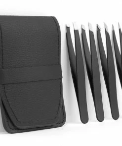 Evvie Pincet Set Van 4 In Lederen Hoesje - Epileer Pincet / Splinter Pincet - Zwart