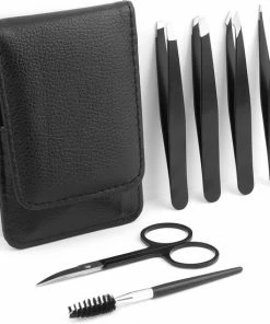 Evvie Pincet Wenkbrauw Trimmer Set - 6-delig - Met 4 Epileer Pincetten, 1 Wenkbrauw Borstel En 1 Wenkbrauw Schaartje - In Leren Hoesje ? Zwart