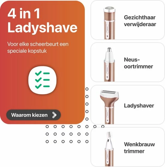 Smart-Tech - 4 In 1 Ladyshave - Oplaadbaar - Wenkbrauw Trimmer - Neus- En Oor Trimmer - Rose Gold 2 Smart-Tech - 4 In 1 Ladyshave - Oplaadbaar - Wenkbrauw Trimmer - Neus- En Oor Trimmer - Rose Gold - Afbeelding 2